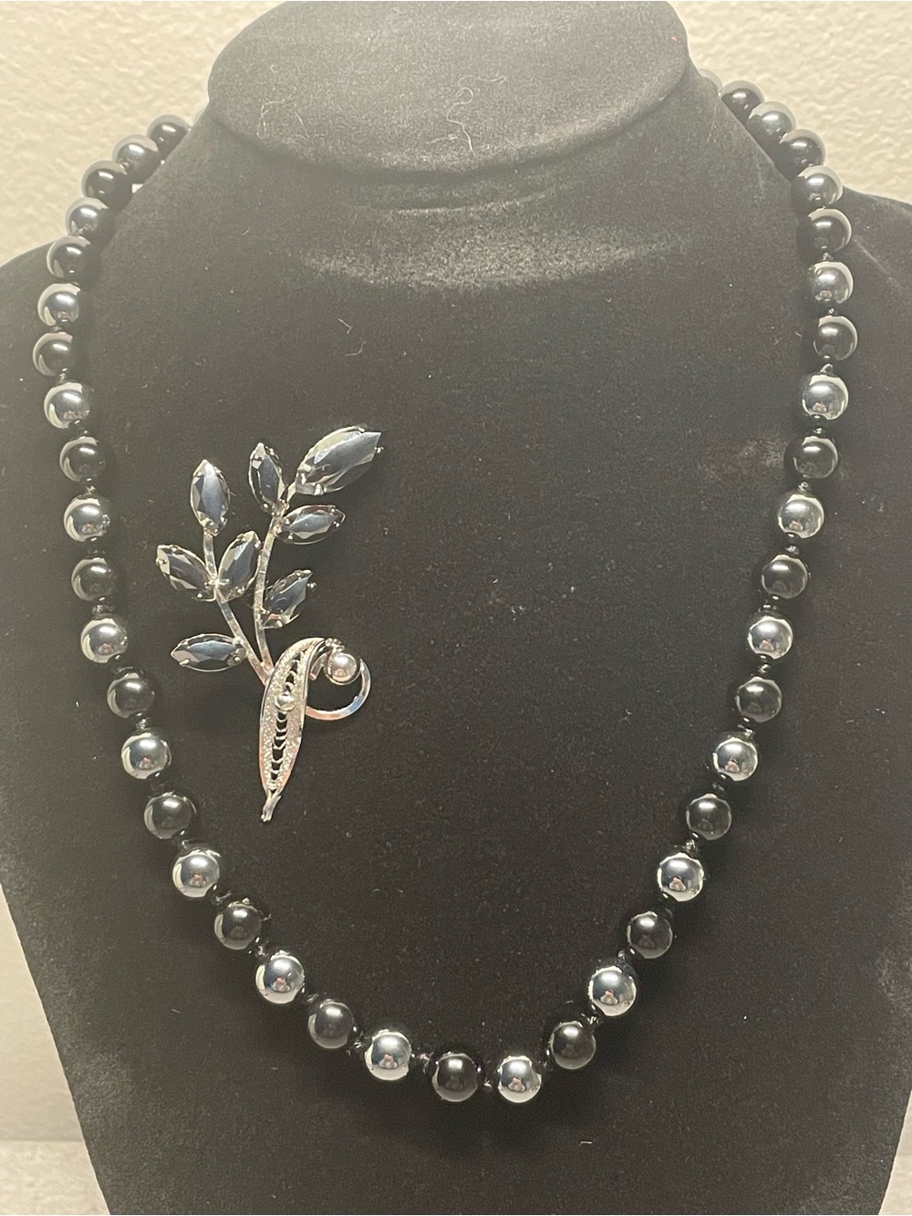 Black Hematite Bead Necklace with Silver Leaf Brooch